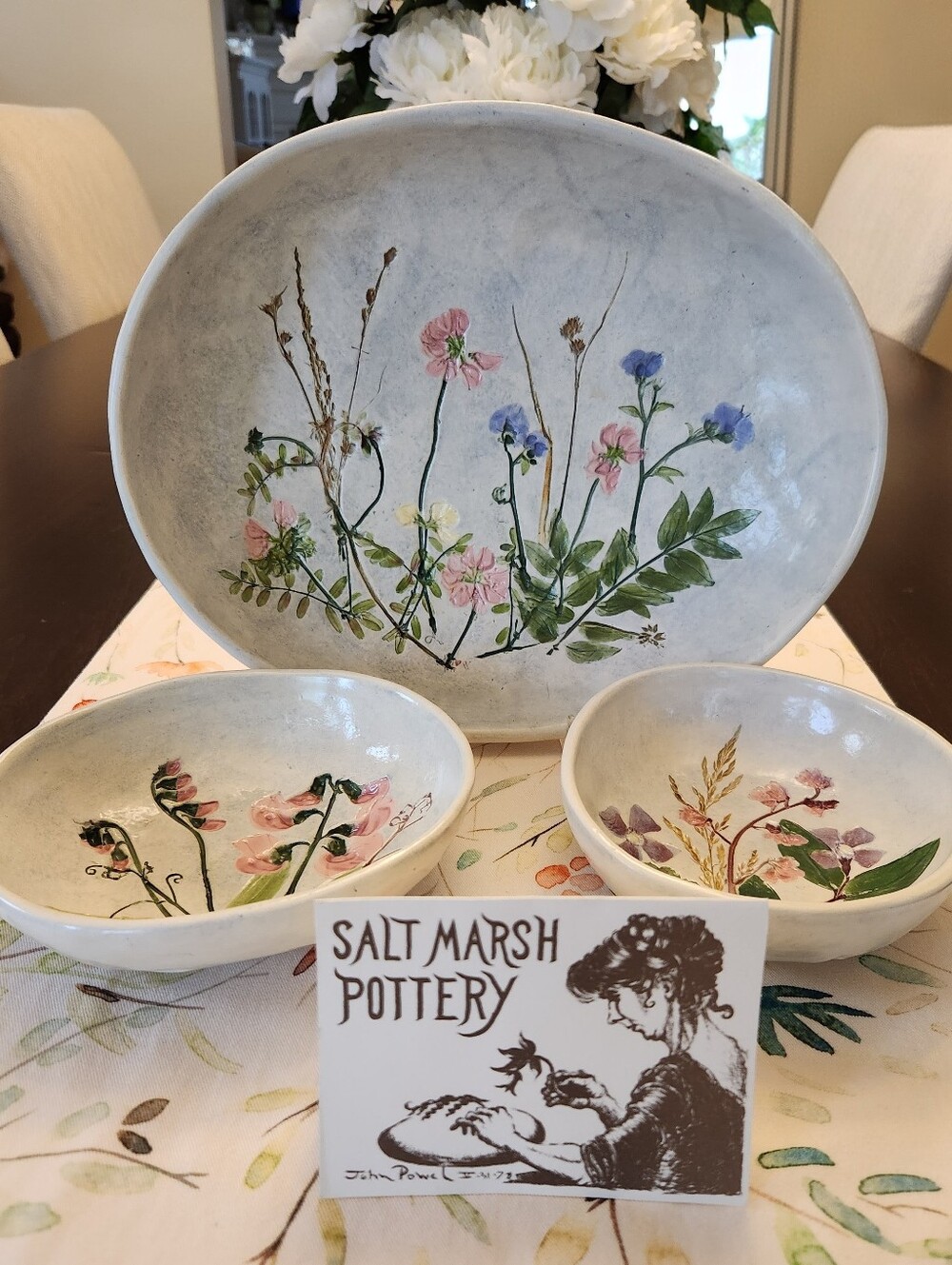 VTG 1992 Salt Marsh Pottery, 3-piece Floral Wall Hangings, Oval & Round Bowls